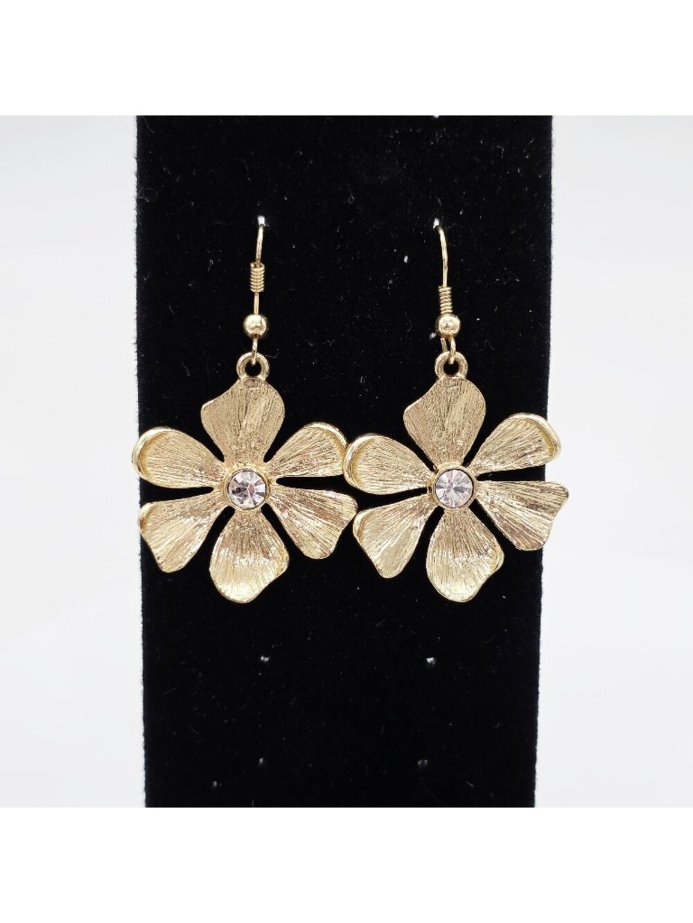 Gold-Tone Cherry Blossom Flower Drop Earrings With Rhinestone Center 2"